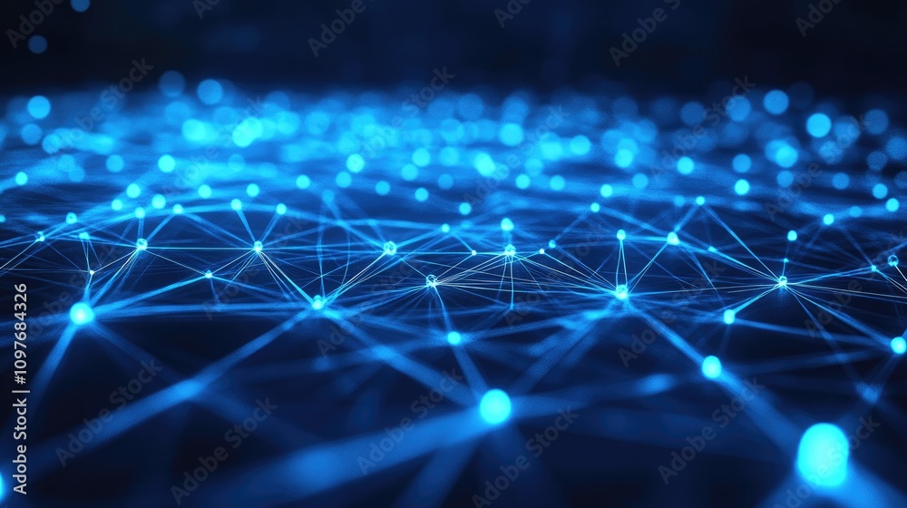 Abstract blue digital network with interconnected nodes and glowing points.