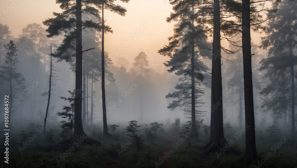 Dense Foggy Forest at Dusk with the Silhouette of Trees Dense Foggy Forest at Dusk with the Silhouette of Trees