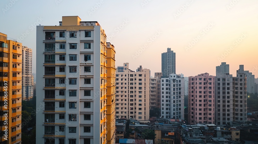 Obraz premium A city showing the difficulty of obtaining affordable housing, with luxury apartments contrasted against overcrowded, dilapidated housing units.