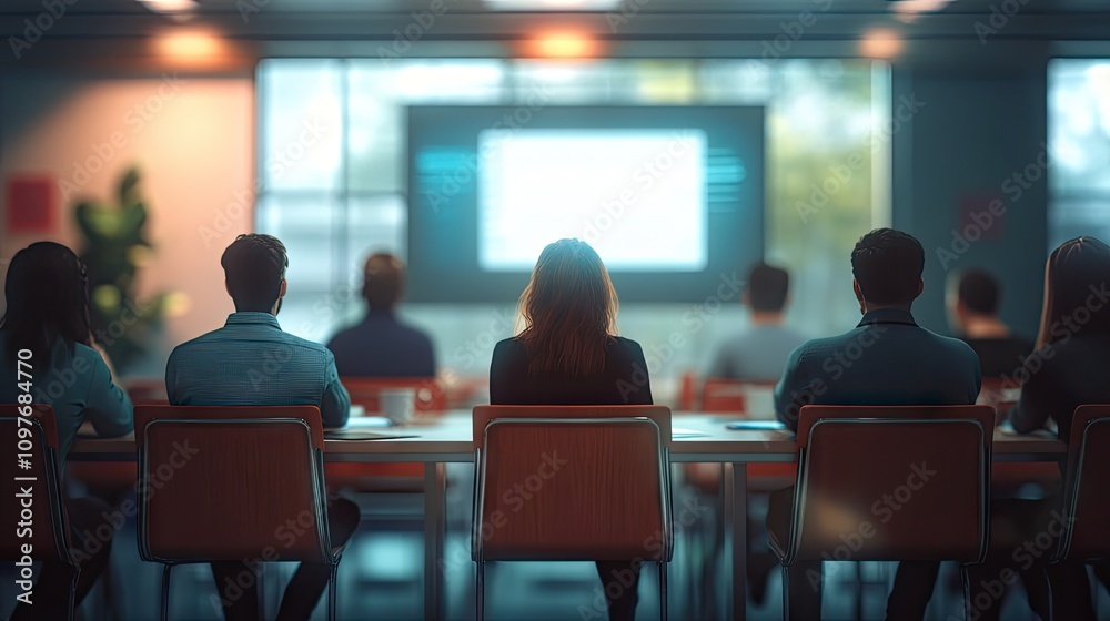 Obraz premium A diverse group of individuals attentively watching a presentation in a modern office setting.