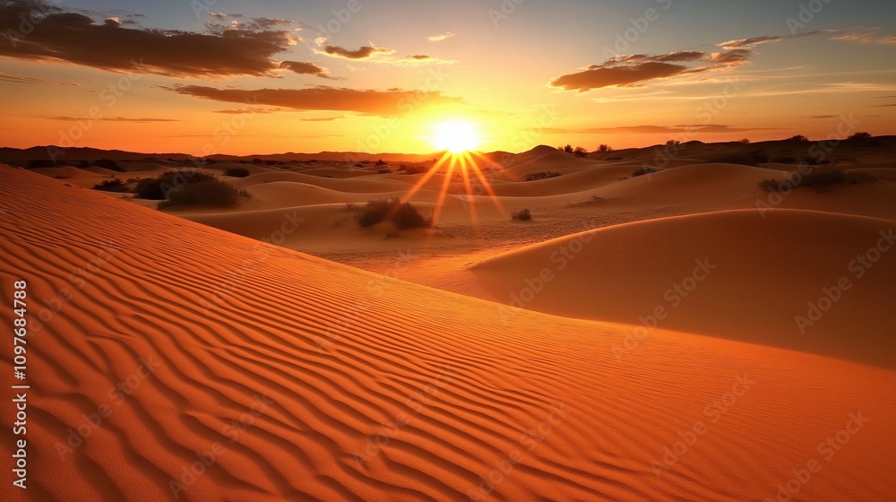 Sand dunes with gentle curves and ridges, lit by a low, golden sun Sand dunes with gentle curves and ridges, lit by a low, golden sun