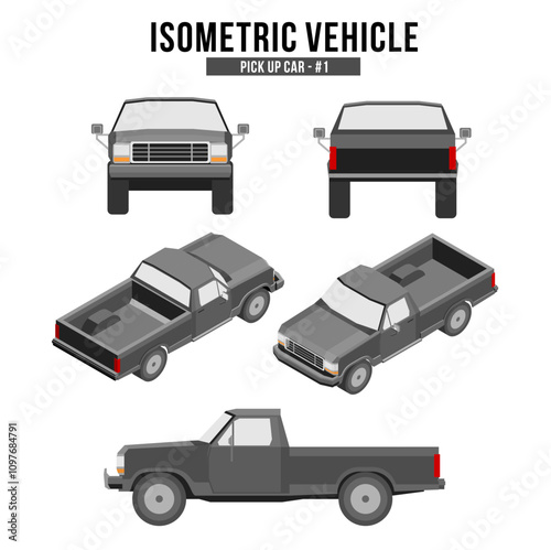 
Isometric pick up car base using American style truck on dark grey color 