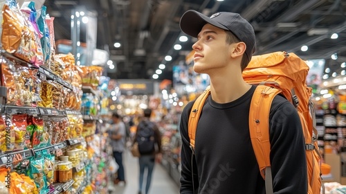 A shopper walking through a busy market filled with international food stalls