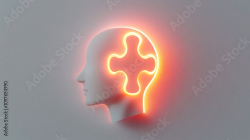 Vibrant glowing puzzle piece embedded within a minimalist human head symbolizing the search for solutions personal growth and the connection between mental health and inner discovery