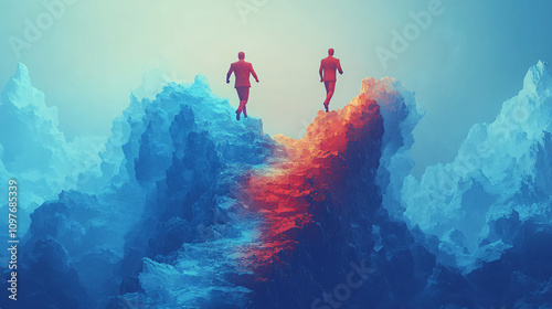 two red humanoid figures walking away from each other on a path that splits into two colors, blue on the left and orange/red on the right.