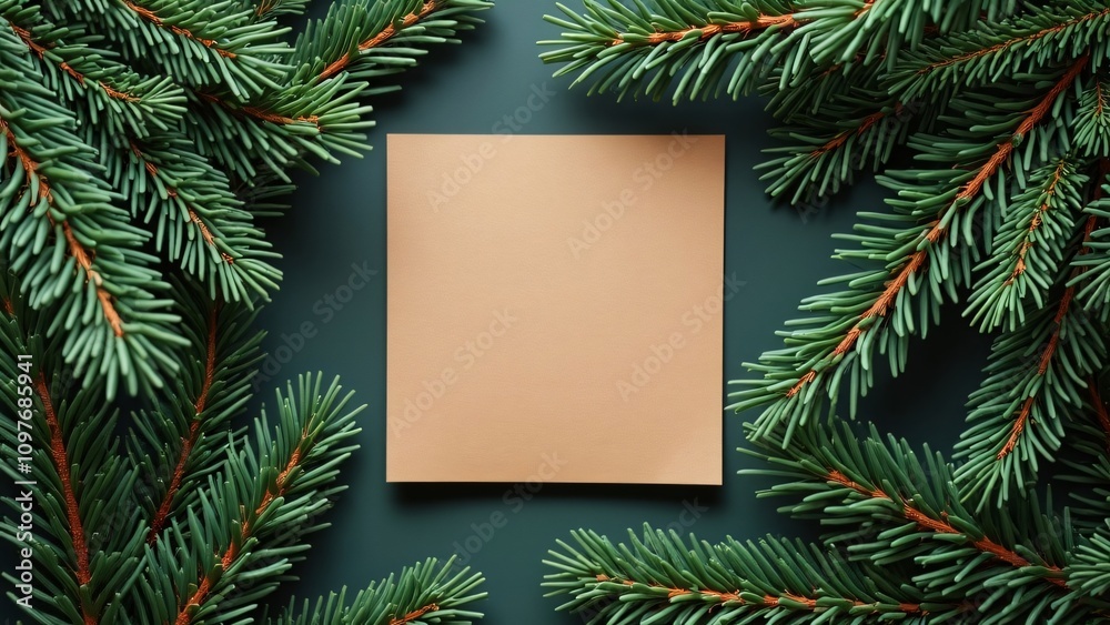 Blank Christmas Card Mockup, Brown Paper Note on Spruce Branches Blank Christmas Card Mockup, Brown Paper Note on Spruce Branches