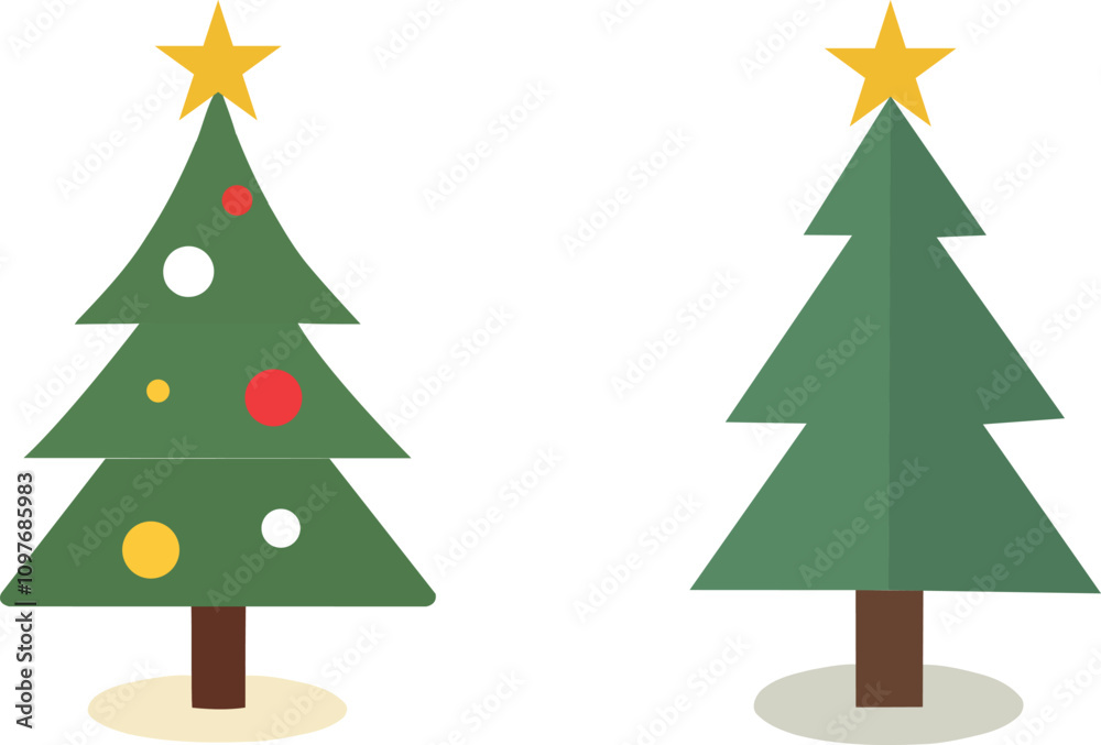 Fototapeta premium Minimalist Christmas Tree Illustrations with Star and Decorations – Festive Vector Art for Holiday Designs