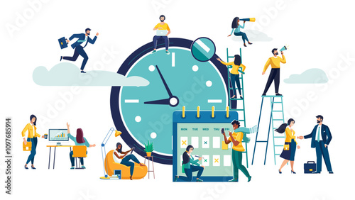 Green watch, on which a group of business people plan their business for the year. Business concept, businessman. Team work self-employed. Active recreation, work, Qr code iPhone. Vector illustration