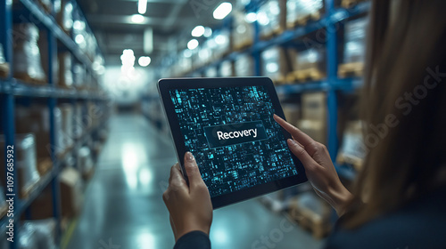 person holding a tablet in a warehouse.  The tablet displays the word 