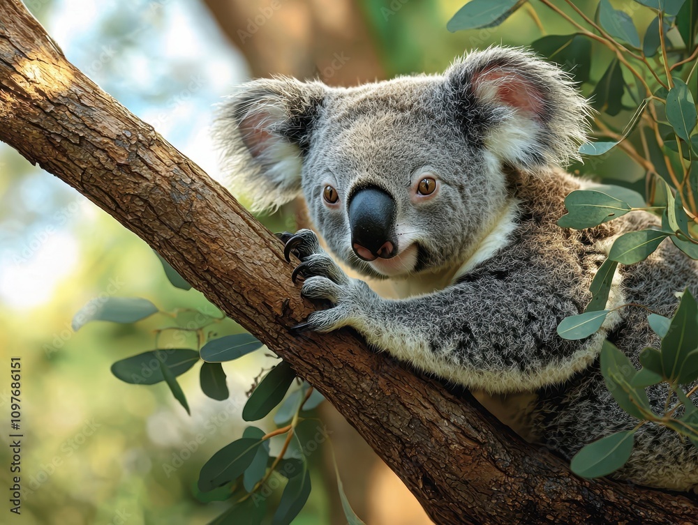 Obraz premium Close-Up of a Koala Sitting on a Branch Surrounded by Leaves