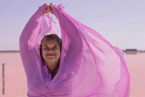 Woman Pink Fabric Pink Lake Smiling photo