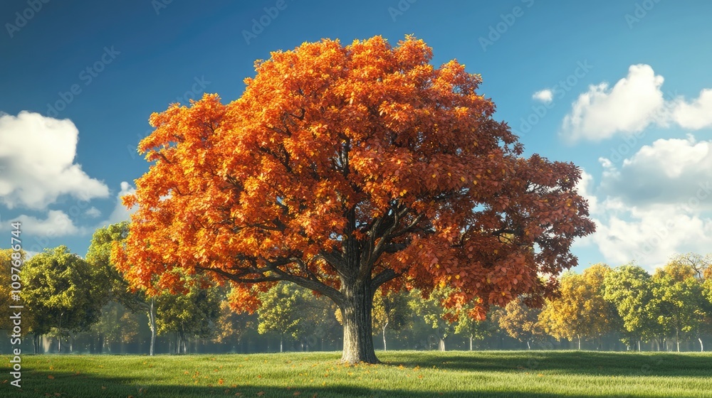 A vibrant autumn tree with brilliant orange foliage stands majestically against a clear blue sky. A vibrant autumn tree with brilliant orange foliage stands majestically against a clear blue sky.