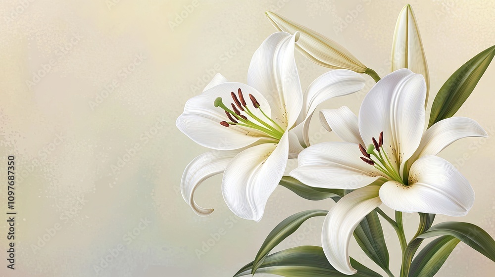 Naklejka premium Delicate white lilies bloom gracefully against a soft, muted background.