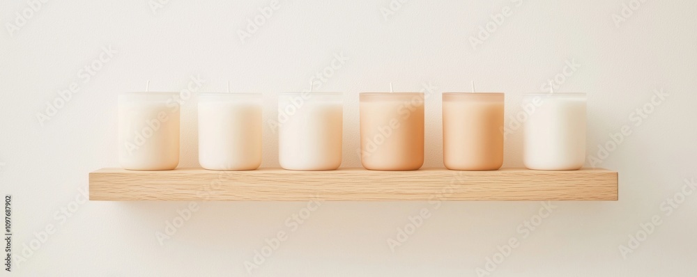 Candles displayed on a wooden shelf against a neutral wall. Candles displayed on a wooden shelf against a neutral wall.