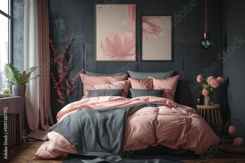 A cozy bedroom with pink bedding, gray accents, and floral artwork creates a serene and stylish atmosphere. photo