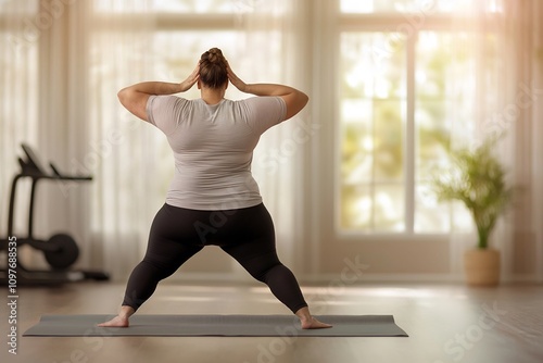 Overweight Person Stretching and Practicing Yoga in Cozy Home Gym with Natural Lighting