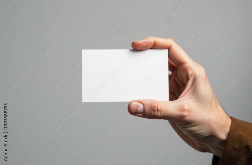 Male's hand holding blank business card on the grey background. Business card mockup Male's hand holding blank business card on the grey background. Business card mockup