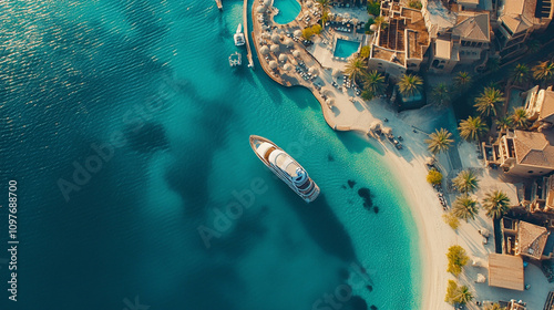 stunning aerial view of Dubai's iconic Palm Jumeirah island, showcasing its unique palm tree shape, luxury residences, turquoise waters, and intricate network of waterways, symbolizing innovation and 