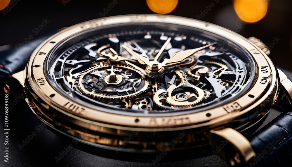 A detailed close-up of a luxury wristwatch showcasing its intricate mechanism and gold accents. The gears and precision craftsmanship are highlighted, reflecting the sophistication and elegance of the A detailed close-up of a luxury wristwatch showcasing its intricate mechanism and gold accents. The gears and precision craftsmanship are highlighted, reflecting the sophistication and elegance of the