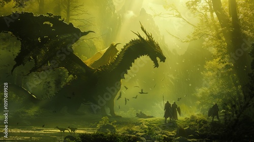 Epic dragon encounter in enchanted forest fantasy artwork mystical environment adventure theme photo