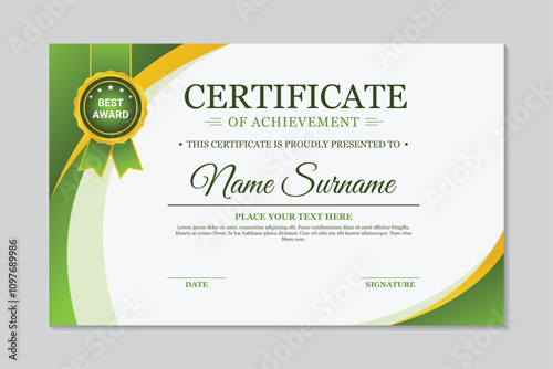 Certificate of achievement template elegant green gold curved shape design