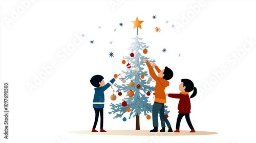 Children Decorating a Christmas Tree with Ornaments and Star