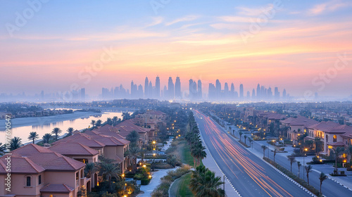 stunning aerial view of Dubai's iconic Palm Jumeirah island, showcasing its unique palm tree shape, luxury residences, turquoise waters, and intricate network of waterways, symbolizing innovation and  photo