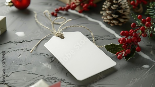 Empty tag with gifts and red christmas decor on grey conkrete background christmas greeting card mockup photo