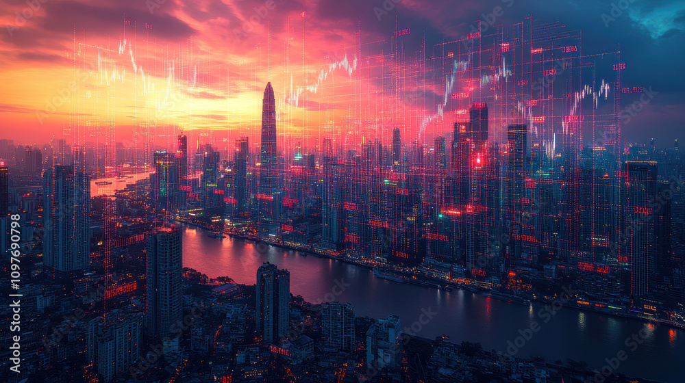 City skyline at dusk with digital financial overlay