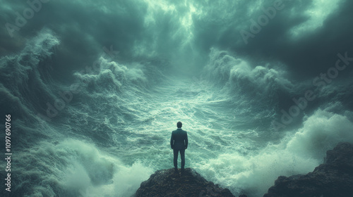 Wallpaper Mural businessman stands on cliff edge facing turbulent sea Torontodigital.ca