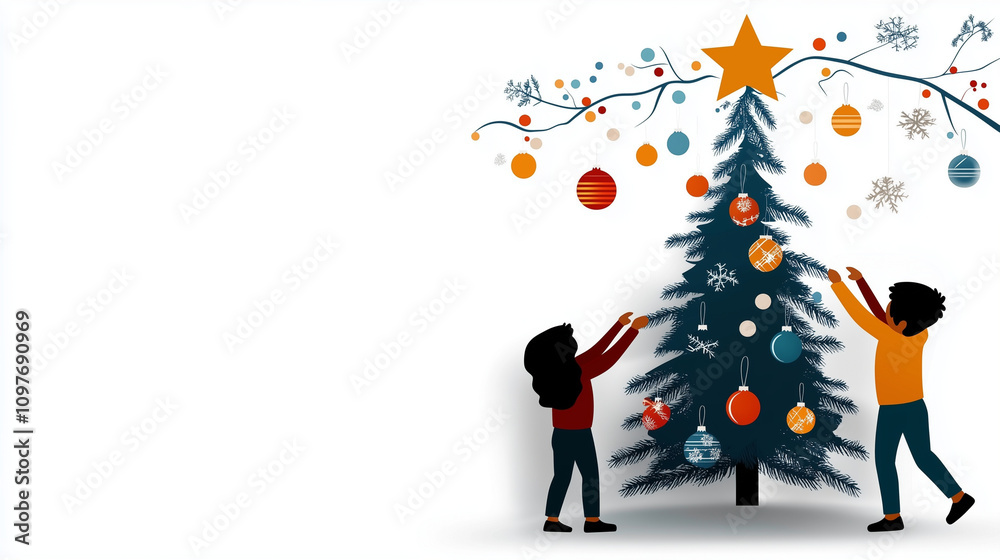 Children Decorating Christmas Tree with Ornaments and Star Children Decorating Christmas Tree with Ornaments and Star