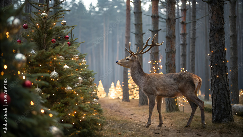 Fototapeta premium Beautiful deer and christmas festival in pine woods spectacular decoration