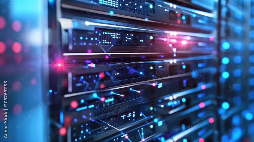 Naklejka premium A close-up view of server racks with digital data visualization.