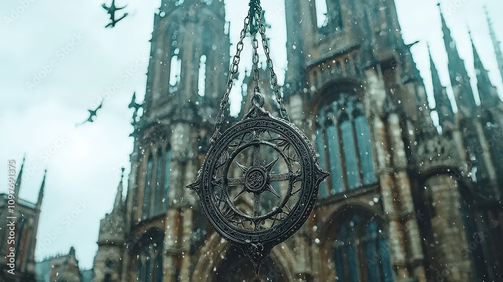 Naklejka premium Gothic Architecture Religious Symbol Snow Chain Medallion Pendant Winter Mystical