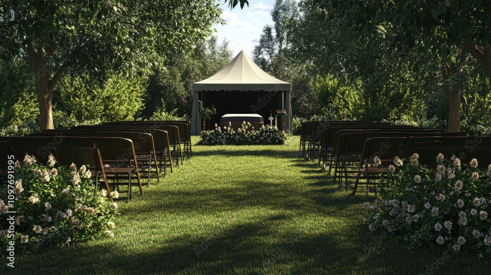 Naklejka premium A serene outdoor wedding setup featuring rows of chairs, a central altar, and lush greenery.