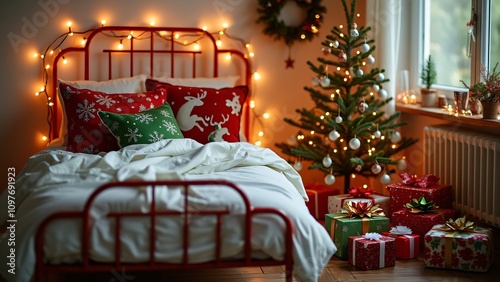 Enchanted Christmas Bedroom, Red Metal Bed, Fairy Lights, Gifts photo