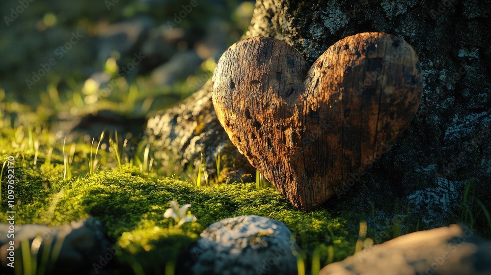 A rustic wooden heart rests on soft green moss near a tree, symbolizing love and nature. A rustic wooden heart rests on soft green moss near a tree, symbolizing love and nature.
