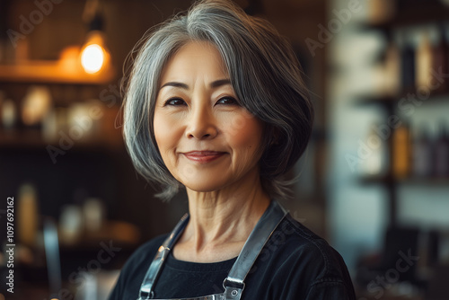 create a stylish and mid-aged female Asian hairdresser with a half-length portrait who faces toward the camera