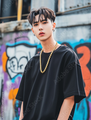 Asian, Korean Man Wearing a Black Oversize T-shirt Wearing a Chain Necklace Urban Style and Streetwear Against a Graffiti Wall for Mockups