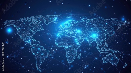 A futuristic digital world map illuminated with glowing connections, showcasing a global network.