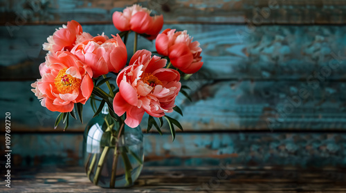 Fototapeta Naklejka Na Ścianę i Meble -  Coral peonies displayed in a glass vase on a wooden table, perfect for a floral shop catalog or online store, emphasizing the concept of fresh bouquet delivery.