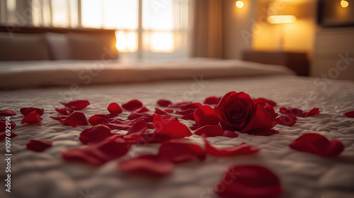 Red rose petals scattered on bed in cozy, romantic setting