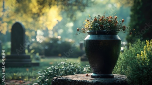 A serene urn filled with vibrant flowers in a peaceful cemetery, bathed in soft morning light.