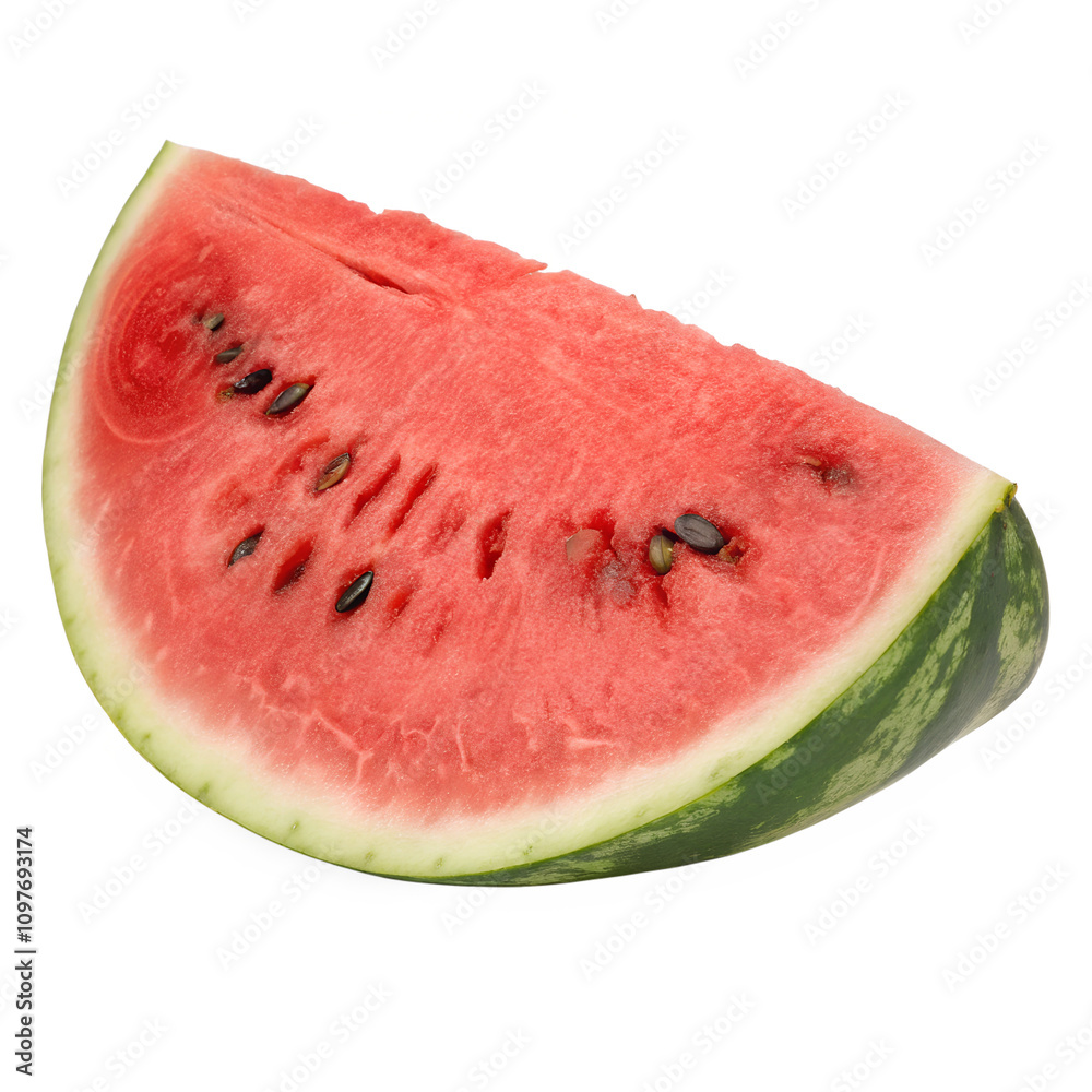 A slice of watermelon with seeds, cropped close, isolated on transparent background A slice of watermelon with seeds, cropped close, isolated on transparent background