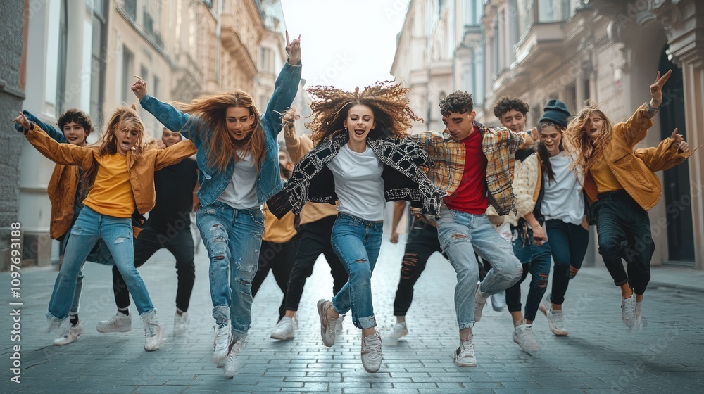 Naklejka premium A vibrant group of diverse young dancers celebrate joyfully in the street, showcasing energetic movement and style.