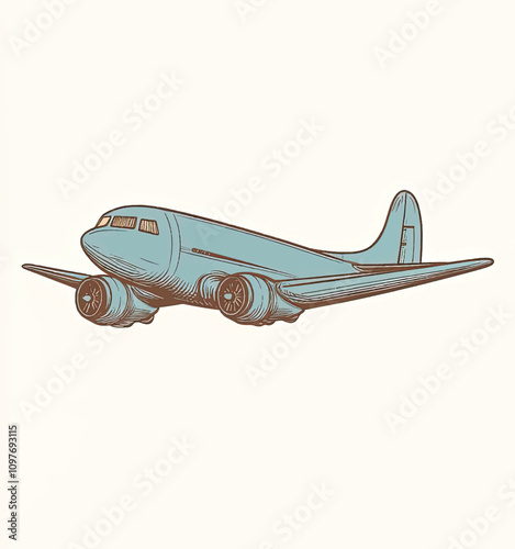 Vintage airplane in flight, hand-drawn illustration.
