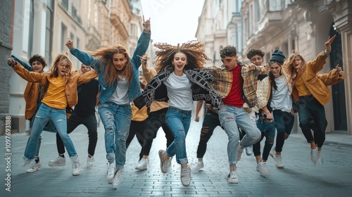 A vibrant group of diverse young dancers celebrate joyfully in the street, showcasing energetic movement and style. photo