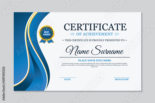 Modern certificate of achievement template elegant blue gold wave design