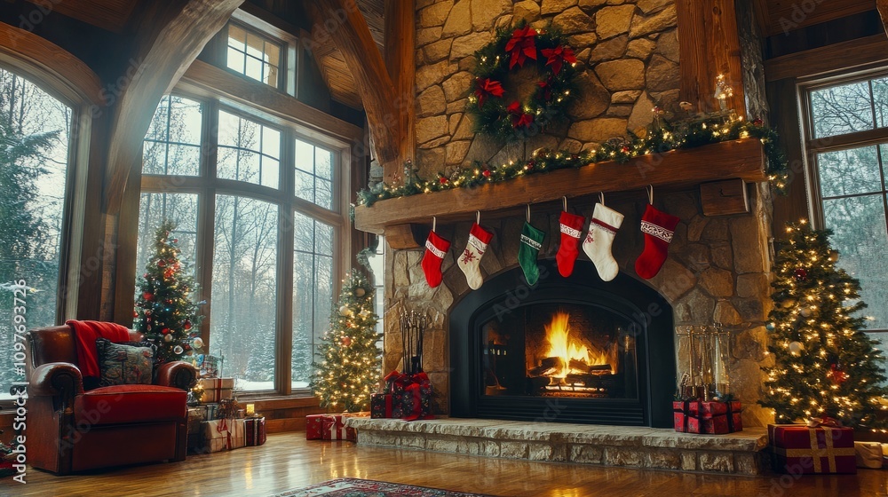 Obraz premium A large stone fireplace framed by arched windows and traditional holiday decorations, including stockings and a garland