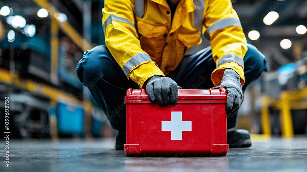 Fototapeta premium Safety coordinator checking a workplace first aid kit to ensure readiness for any emergency situation Stock Photo with side copy space